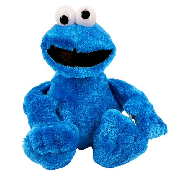 Großes blaues Krümelmonster-Plüschtier mit großen Augen und breitem Mund, sitzend ca. 52 cm, komplette Länge mit Beinen ca. 72 cm